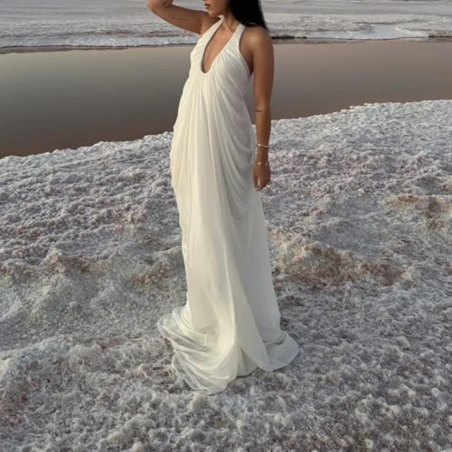 White Dress Halter Deep V Neck Cascade Drape Floor Length Gown Wedding Guest Beach Vacation