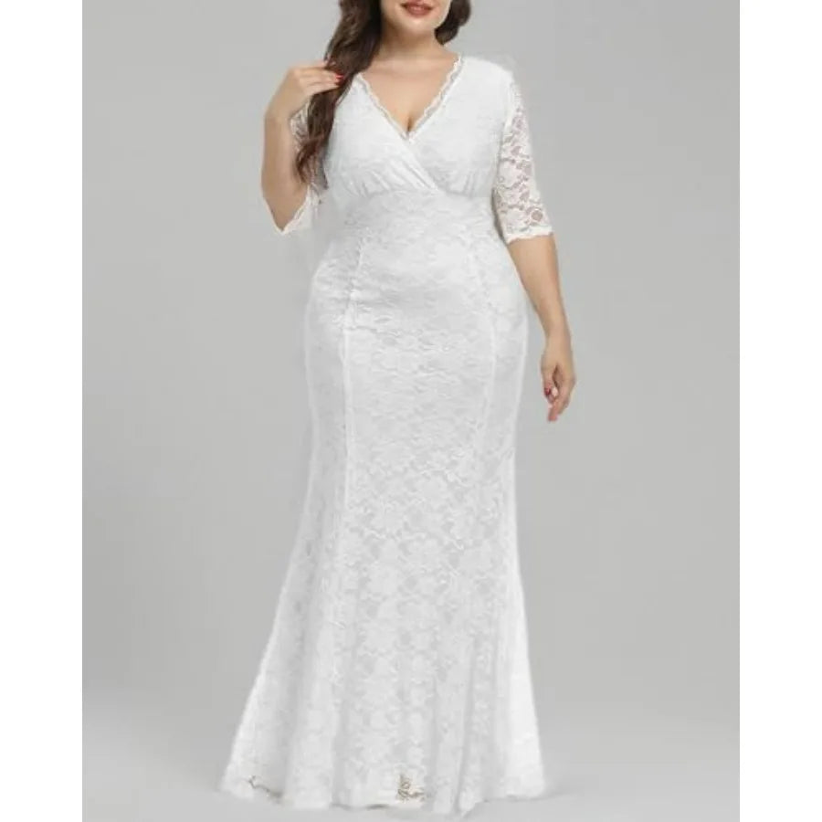Wedding Dresses for Bride Plus Size - Mermaid Formal Evening Gown Wrap Neck Lace Dress