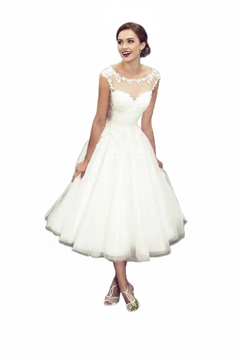 ABaowedding Women's Elegant Sheer Vintage Short Lace Wedding Dress for Bride vestidos de novia