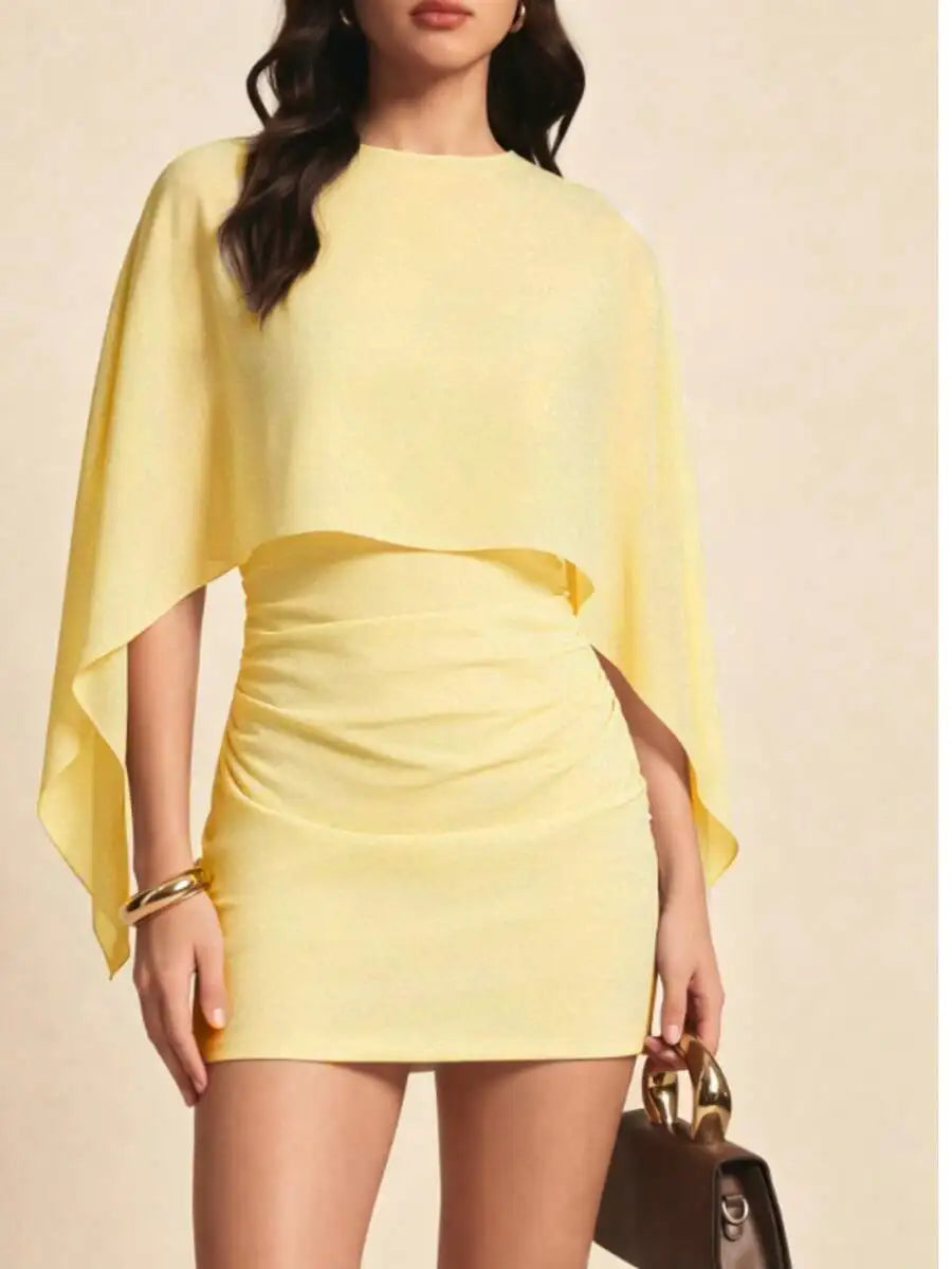 Solid Color Bat Sleeve Lightweight 2 In 1 Mini Dress For Evening Date Vacation Birthday Party
