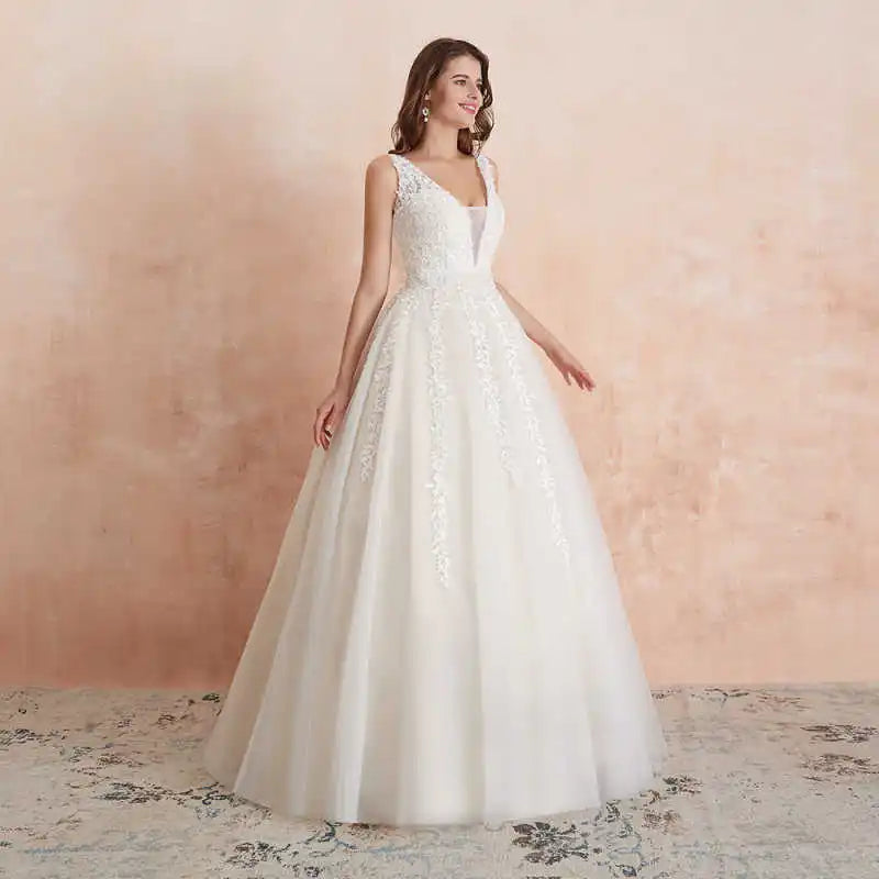 Abaowedding Women's Wedding Dress for Bride Lace Applique Evening Dress V Neck Straps Ball Gowns