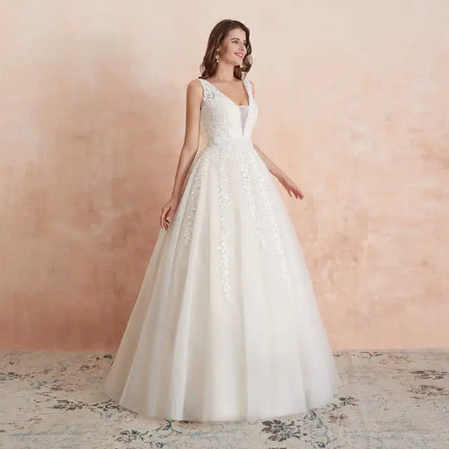 Abaowedding Women's Wedding Dress for Bride Lace Applique Evening Dress V Neck Straps Ball Gowns