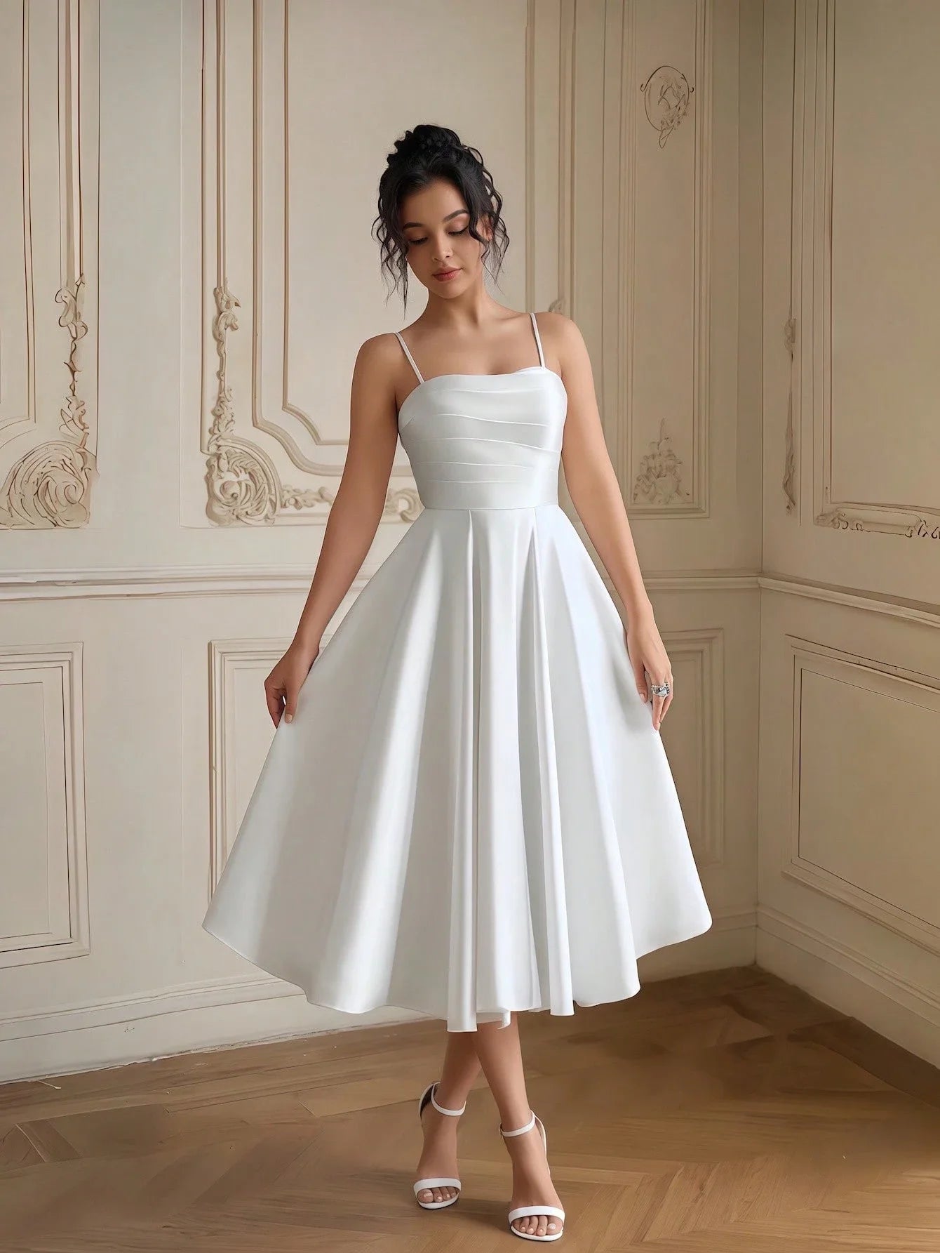 White Satin Elegant Midi Dress, Spaghetti Strap A-Line Gown for Wedding, Prom & Formal Events