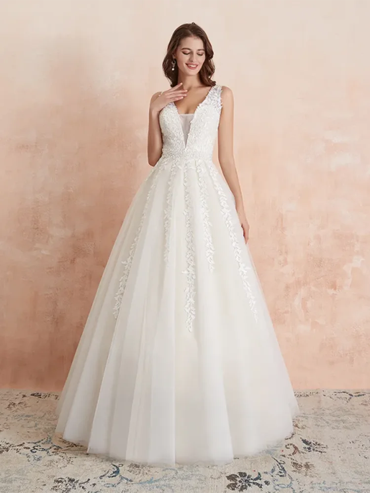 Abaowedding Women's Wedding Dress for Bride Lace Applique Evening Dress V Neck Straps Ball Gowns