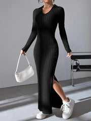 knitted slim lapel long sleeve dress pit strip solid color