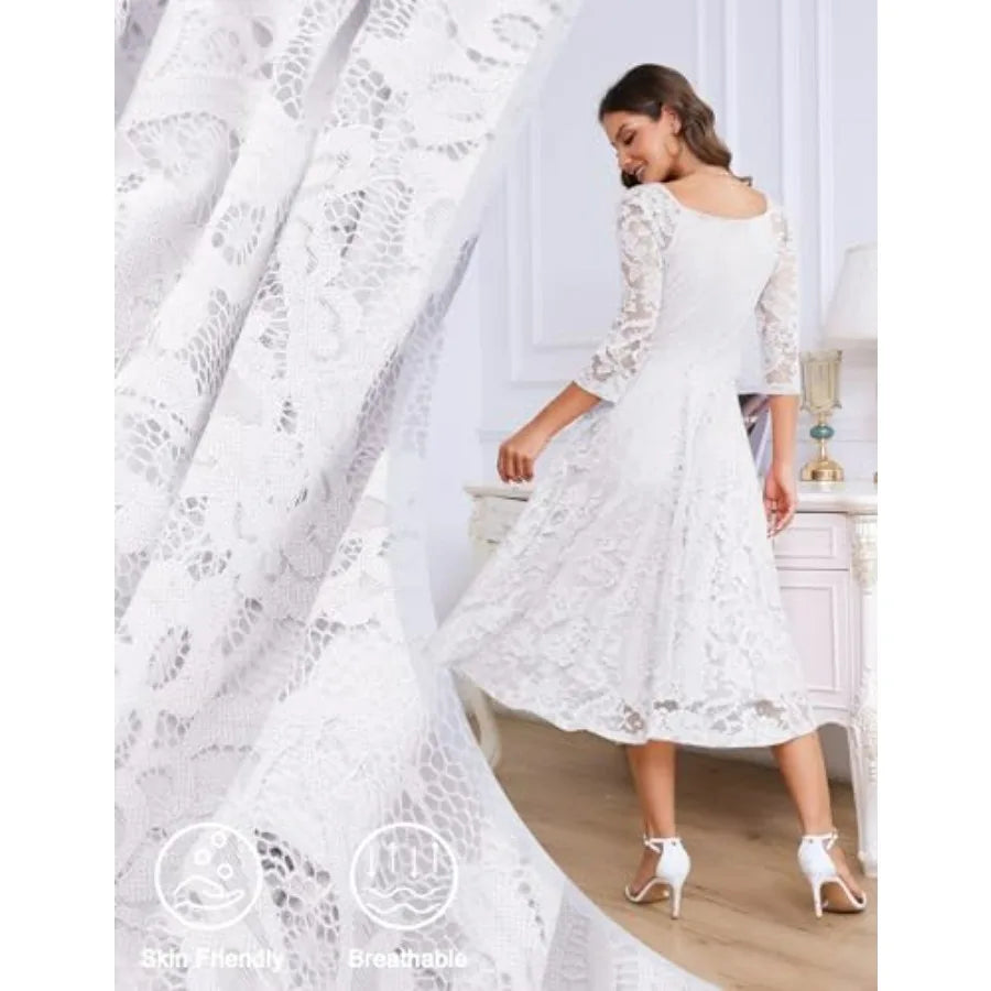 Womens Long-Sleeve Wedding Guest Dress A-Line Lace Formal Party Cocktail Midi Dress Prom Gown