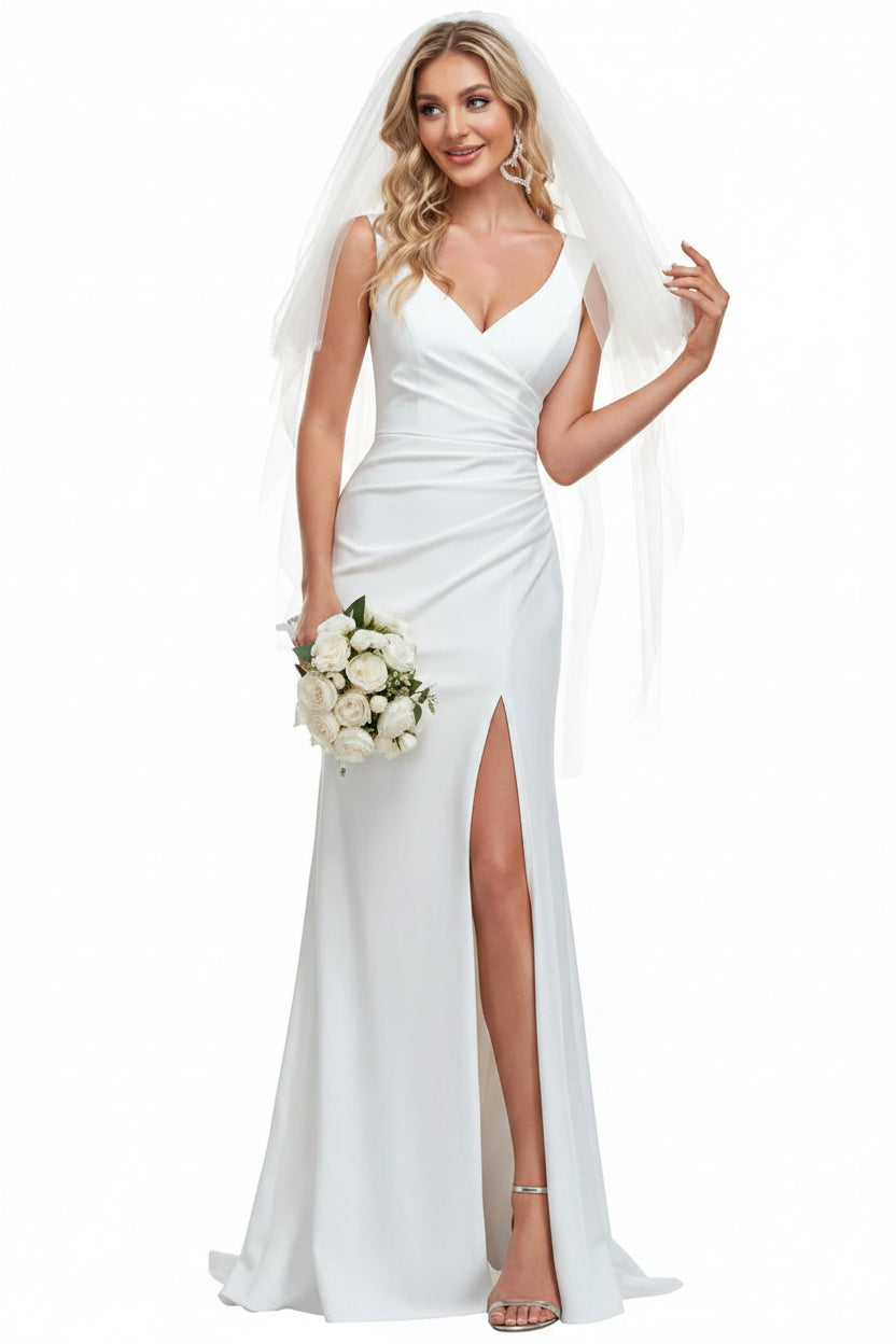 V Neck Sleeveless Bridal Wedding Dress with Slit Floor Length Mermaid Gown for Bride 011B