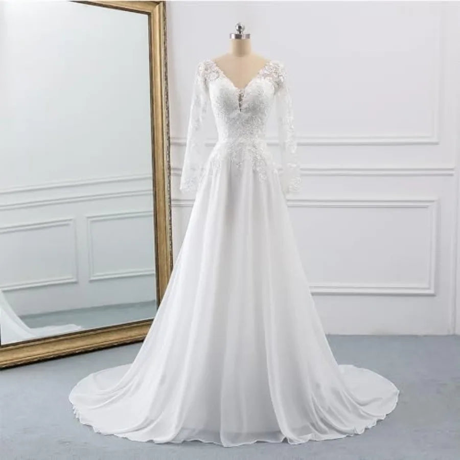 Wedding Dresses for Bride with Lace Appliques Chiffon A Line Women Dress Long Sleeves Beach Bride Dress