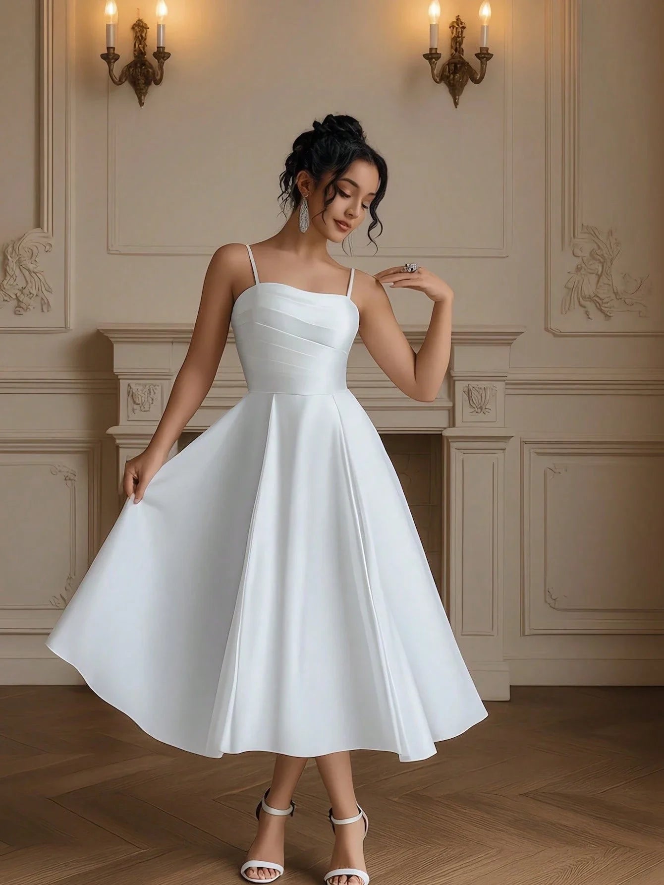 White Satin Elegant Midi Dress, Spaghetti Strap A-Line Gown for Wedding, Prom & Formal Events