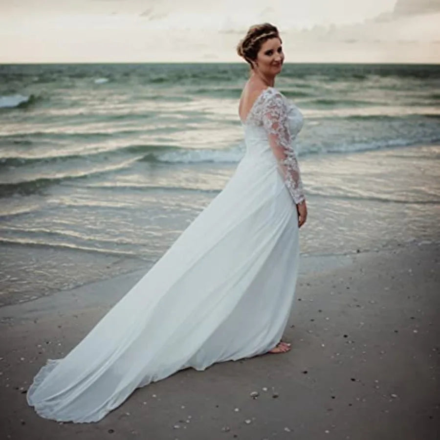 Wedding Dresses for Bride with Lace Appliques Chiffon A Line Women Dress Long Sleeves Beach Bride Dress