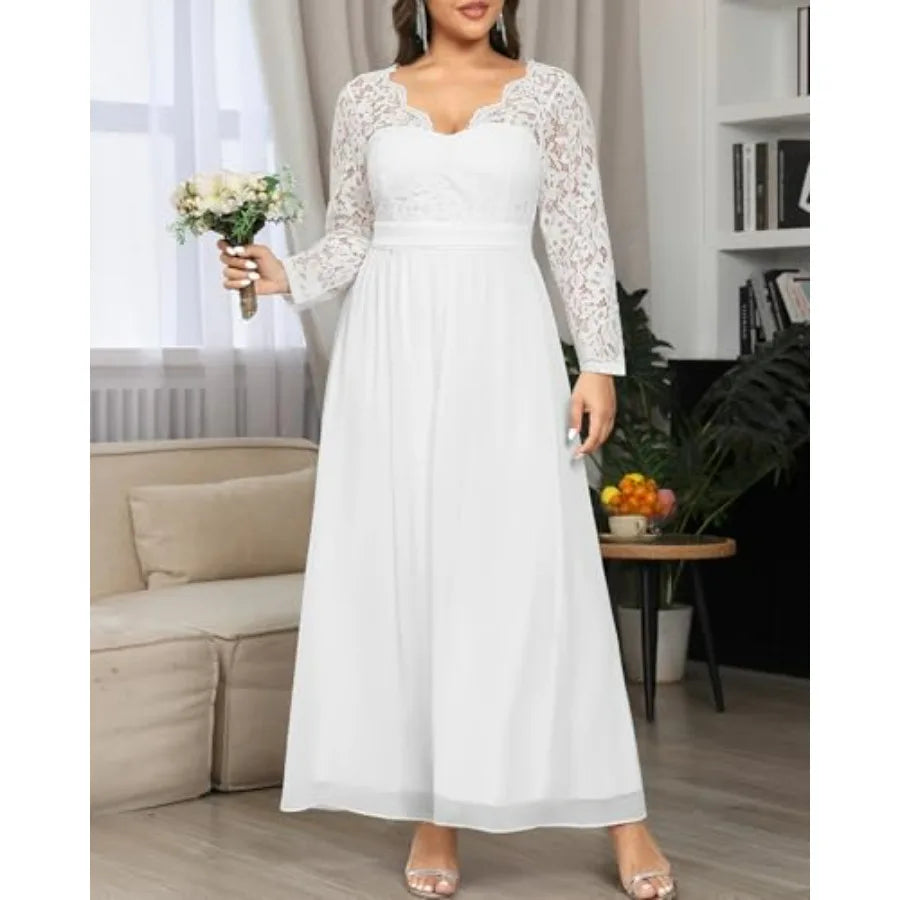 Talisea Plus Size Formal Wedding Dresses - Gowns Evening Prom Elegant V Neck Long Sleeve Lace Chiffon Long Maxi Dress