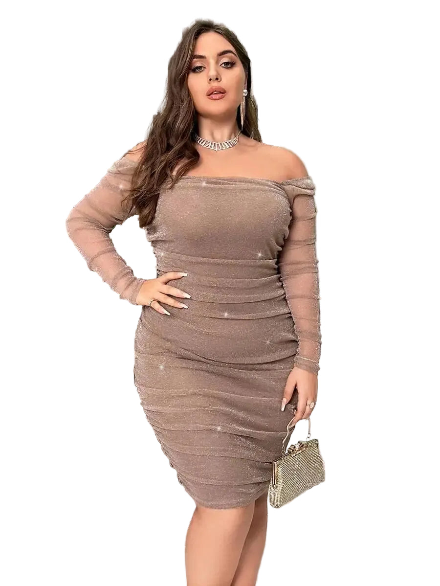 Off Shoulder Ruched Glitter Bodycon Evening Dress