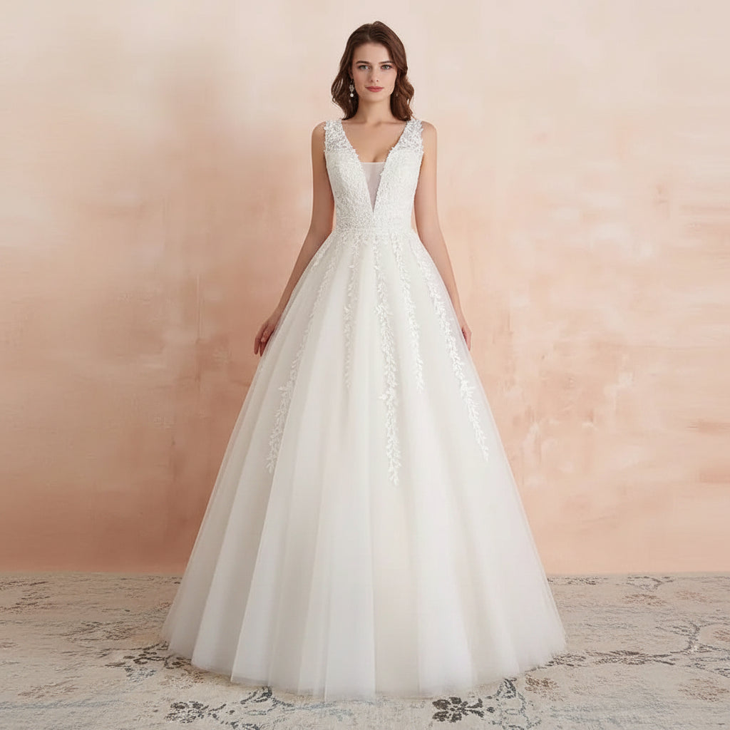 Abaowedding Women's Wedding Dress for Bride Lace Applique Evening Dress V Neck Straps Ball Gowns