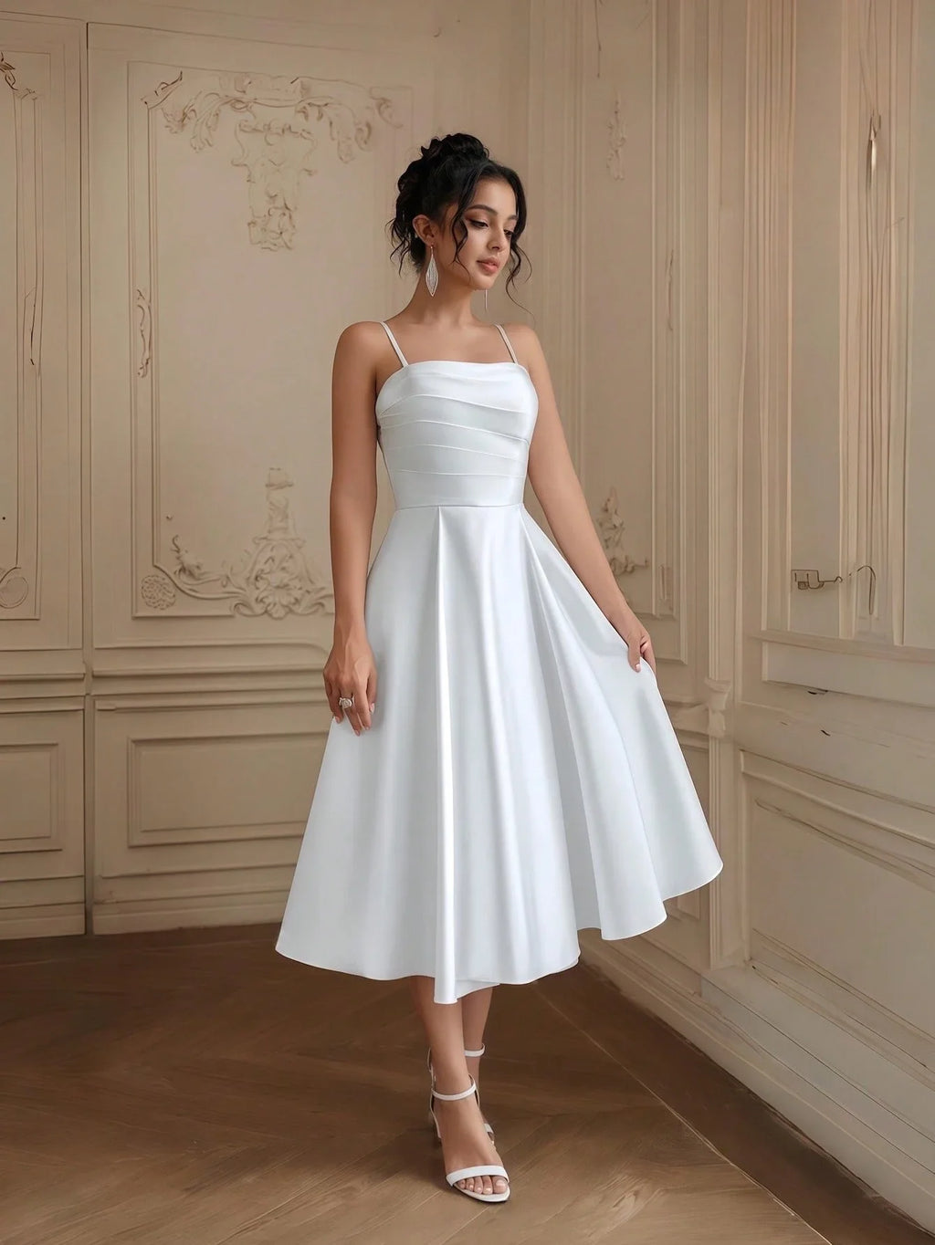 White Satin Elegant Midi Dress, Spaghetti Strap A-Line Gown for Wedding, Prom & Formal Events