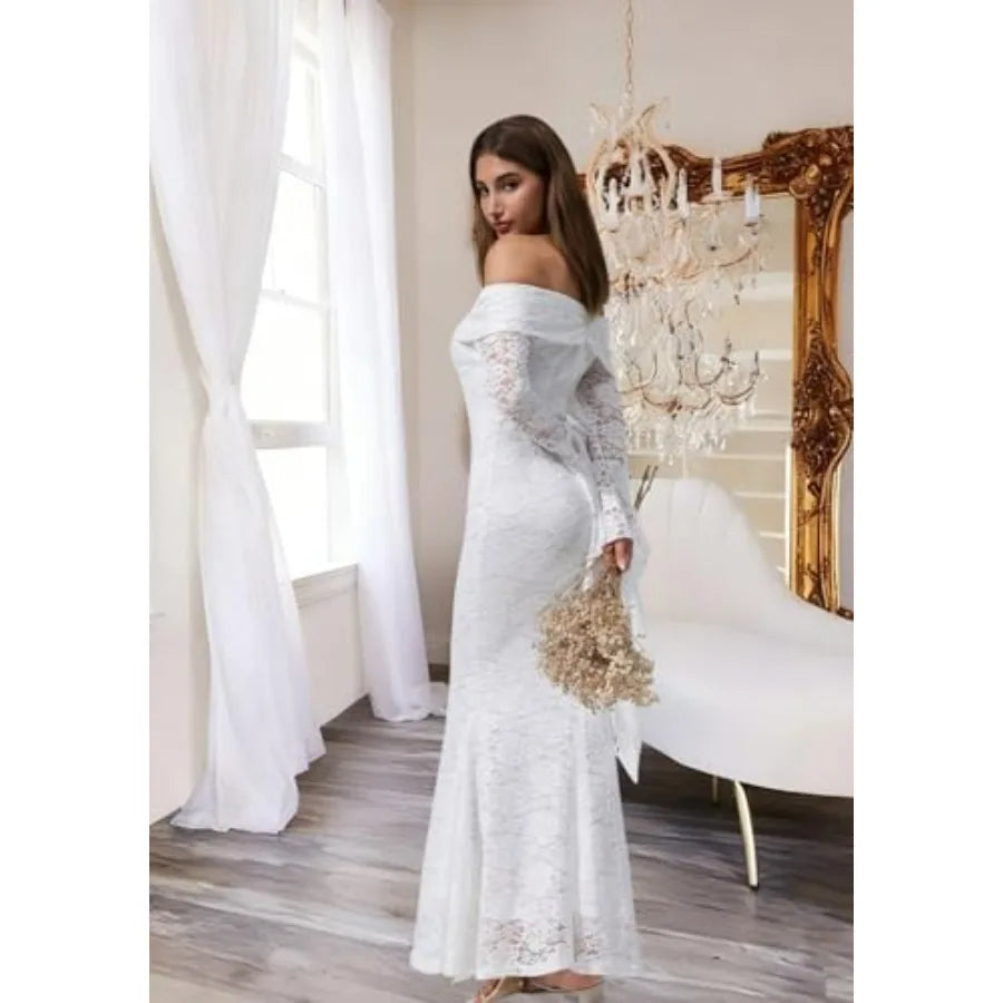 Off The Shoulder Floral Lace Maxi Wedding Dress Long Bell Sleeve  Off The Shoulder