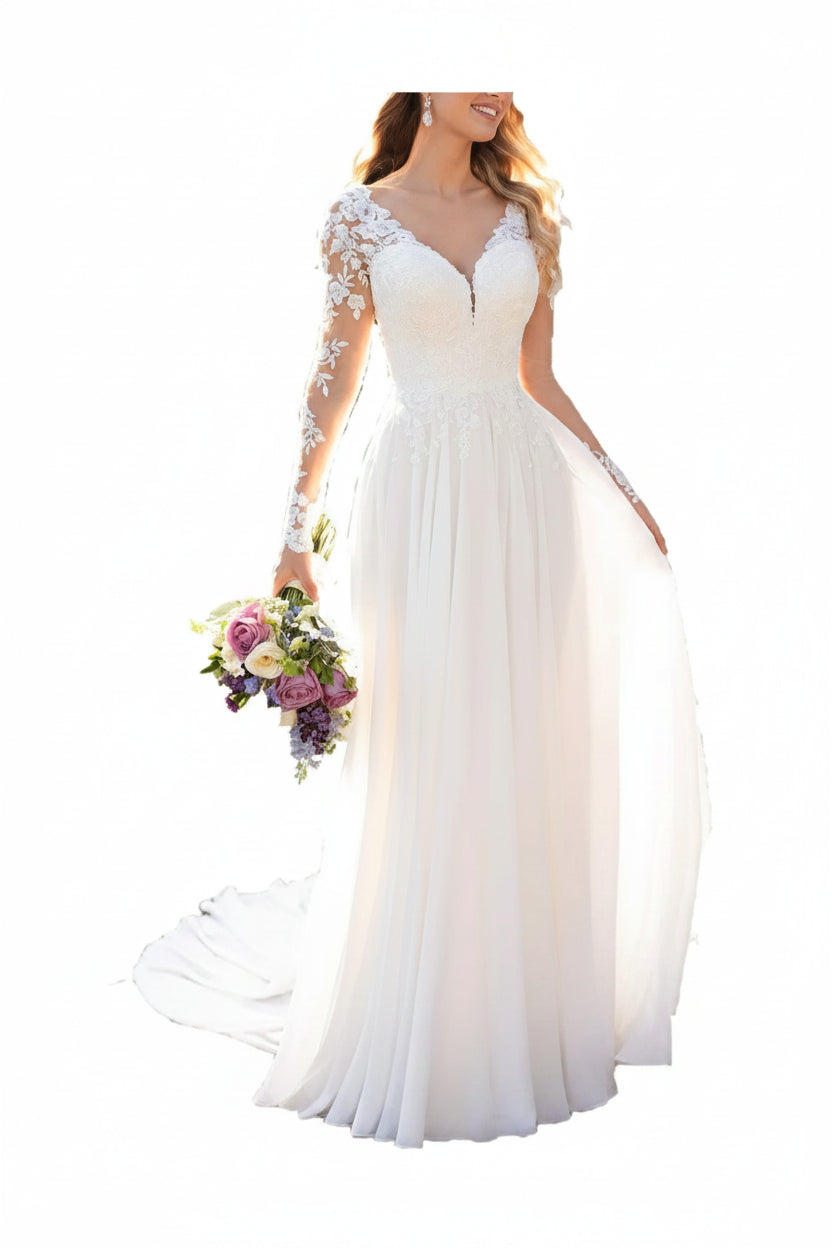 Wedding Dresses for Bride with Lace Appliques Chiffon A Line Women Dress Long Sleeves Beach Bride Dress