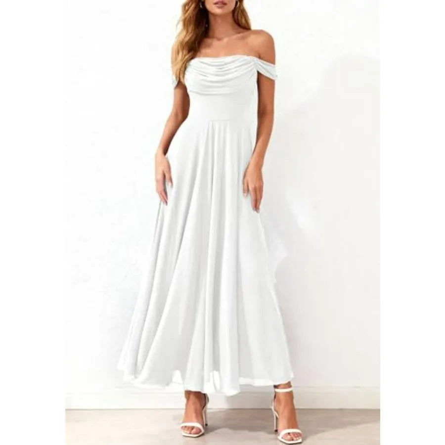Off Shoulder Maxi Summer Dresses 2026 Elegant Mesh Aline Swing Ruched Flowy Cocktail Wedding Guest Dress
