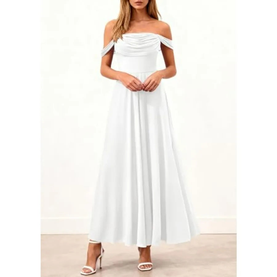 Off Shoulder Maxi Summer Dresses 2026 Elegant Mesh Aline Swing Ruched Flowy Cocktail Wedding Guest Dress