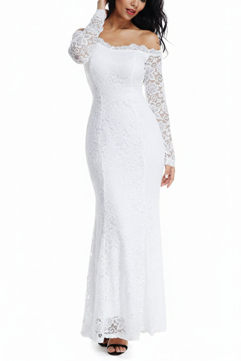 LALAGEN Women's Floral Lace Long Sleeve Off Shoulder Wedding Mermaid Dress