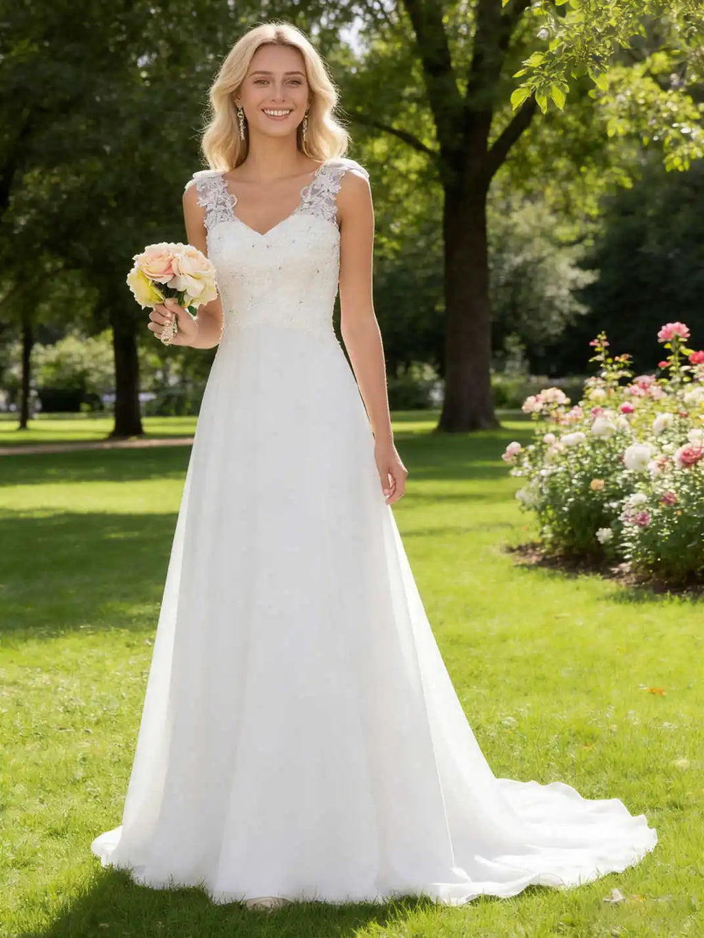 Abaowedding Women's Wedding Dress Lace Double V-Neck Sleeveless Evening Dress