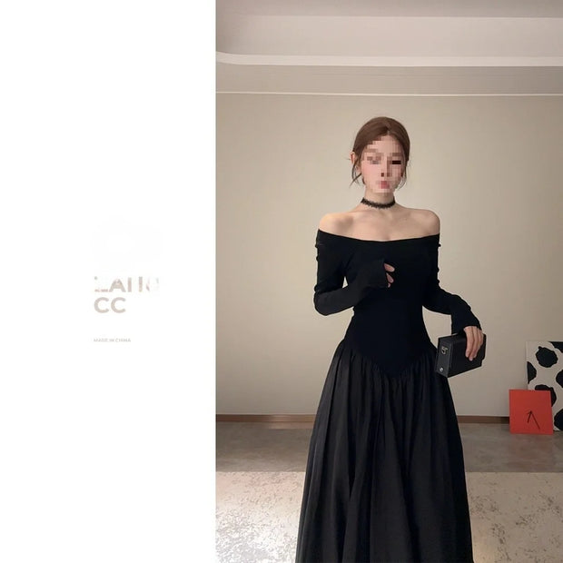 Black French Style Long Sleeve Square Collar