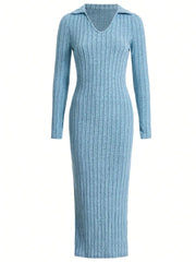 knitted slim lapel long sleeve dress pit strip solid color