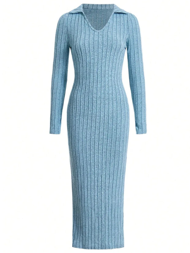 knitted slim lapel long sleeve dress pit strip solid color