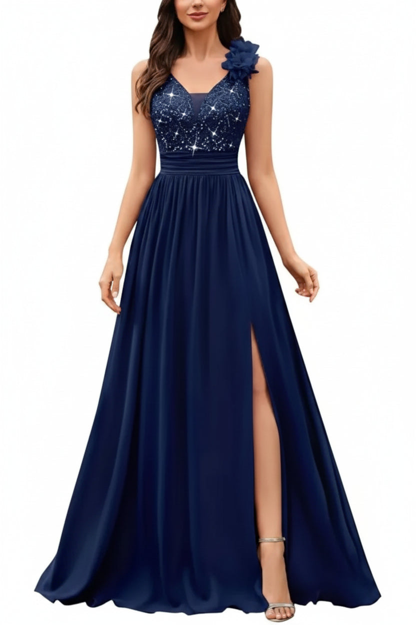 Navy Blue Sequin Evening Gown with Thigh Slit and Floral Shoulder Detail