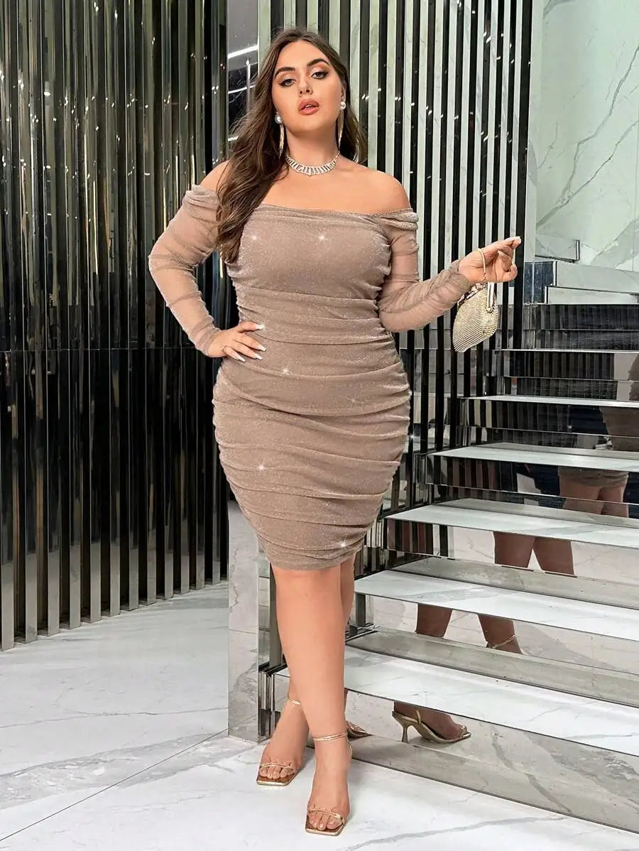 Off Shoulder Ruched Glitter Bodycon Evening Dress