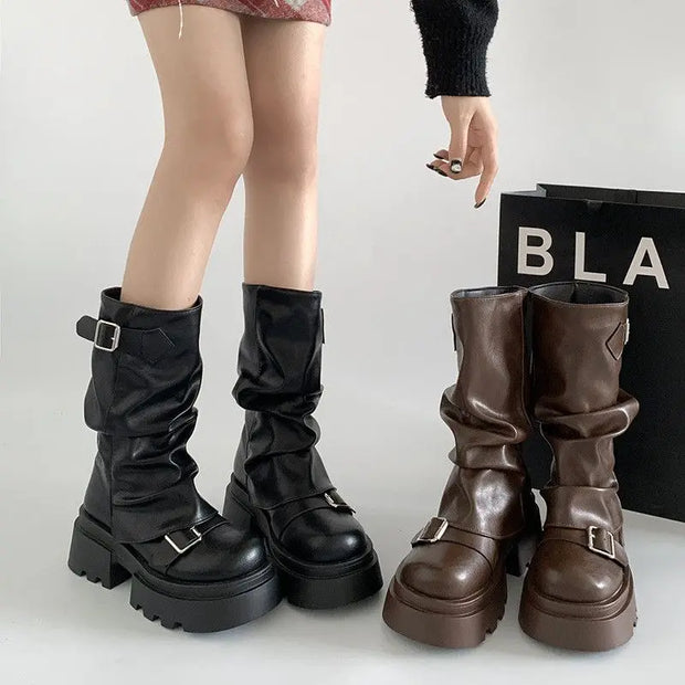 Side Zip Square Heel Shoes Female