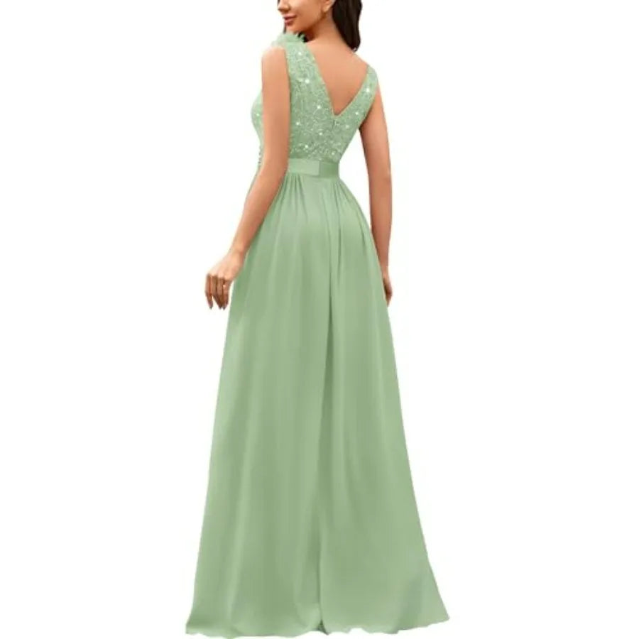 Sage Green Sequin Evening Gown with Thigh Slit and Floral Shoulder Detail