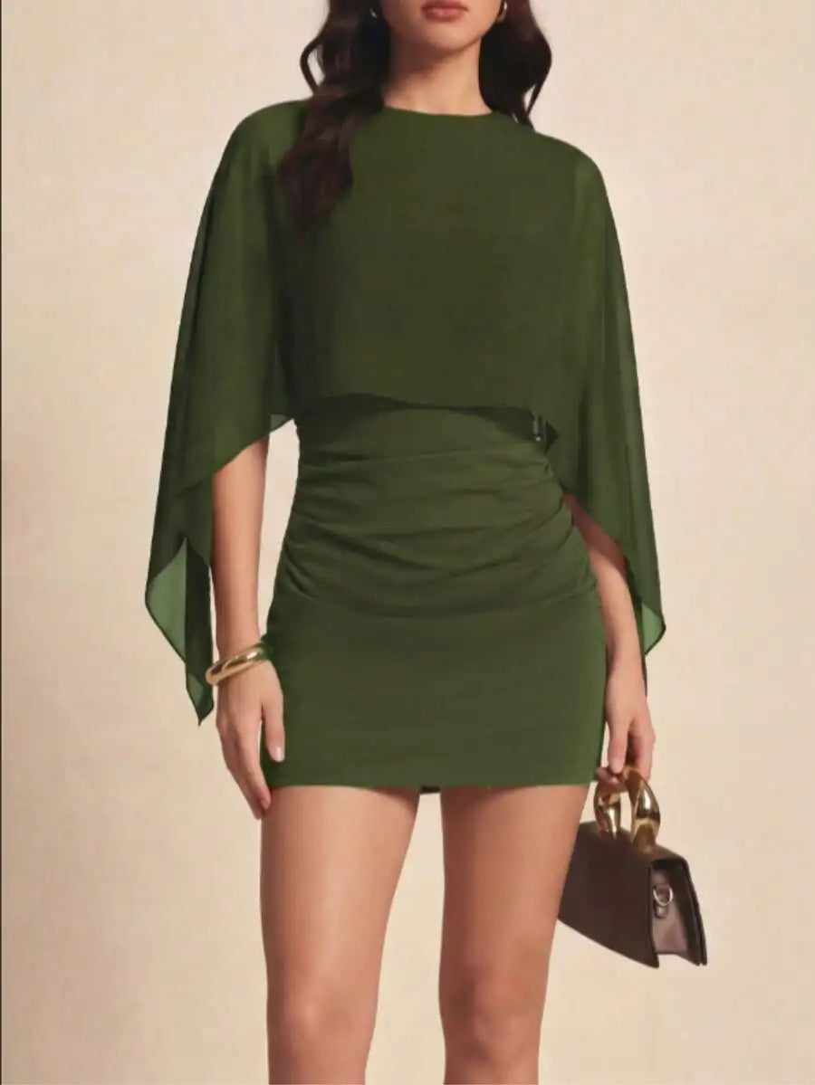 Solid Color Bat Sleeve Lightweight 2 In 1 Mini Dress For Evening Date Vacation Birthday Party