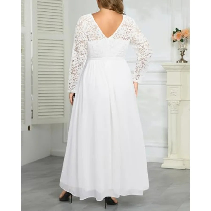 Talisea Plus Size Formal Wedding Dresses - Gowns Evening Prom Elegant V Neck Long Sleeve Lace Chiffon Long Maxi Dress