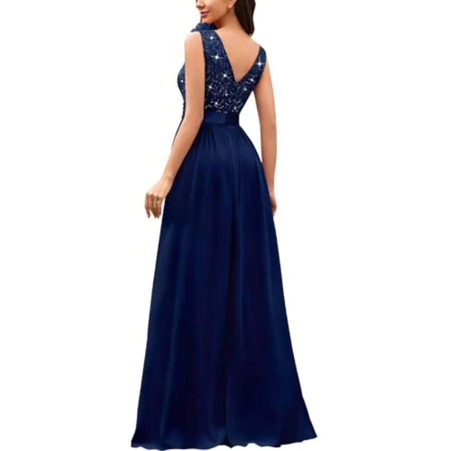 Navy Blue Sequin Evening Gown with Thigh Slit and Floral Shoulder Detail