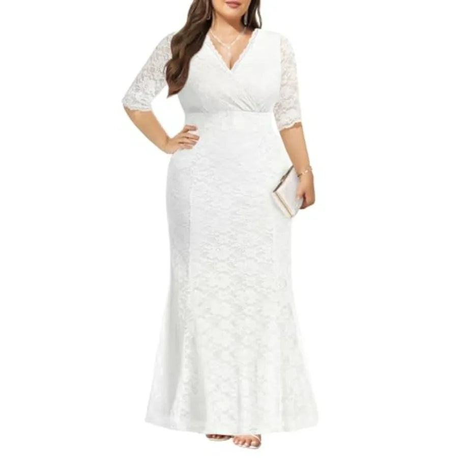 Wedding Dresses for Bride Plus Size - Mermaid Formal Evening Gown Wrap Neck Lace Dress