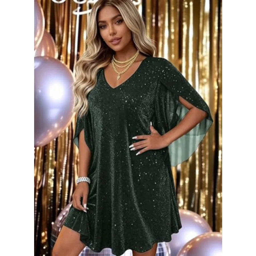 Black Metallic Glitter Cocktail Dress with Flowing Cape Sleeves