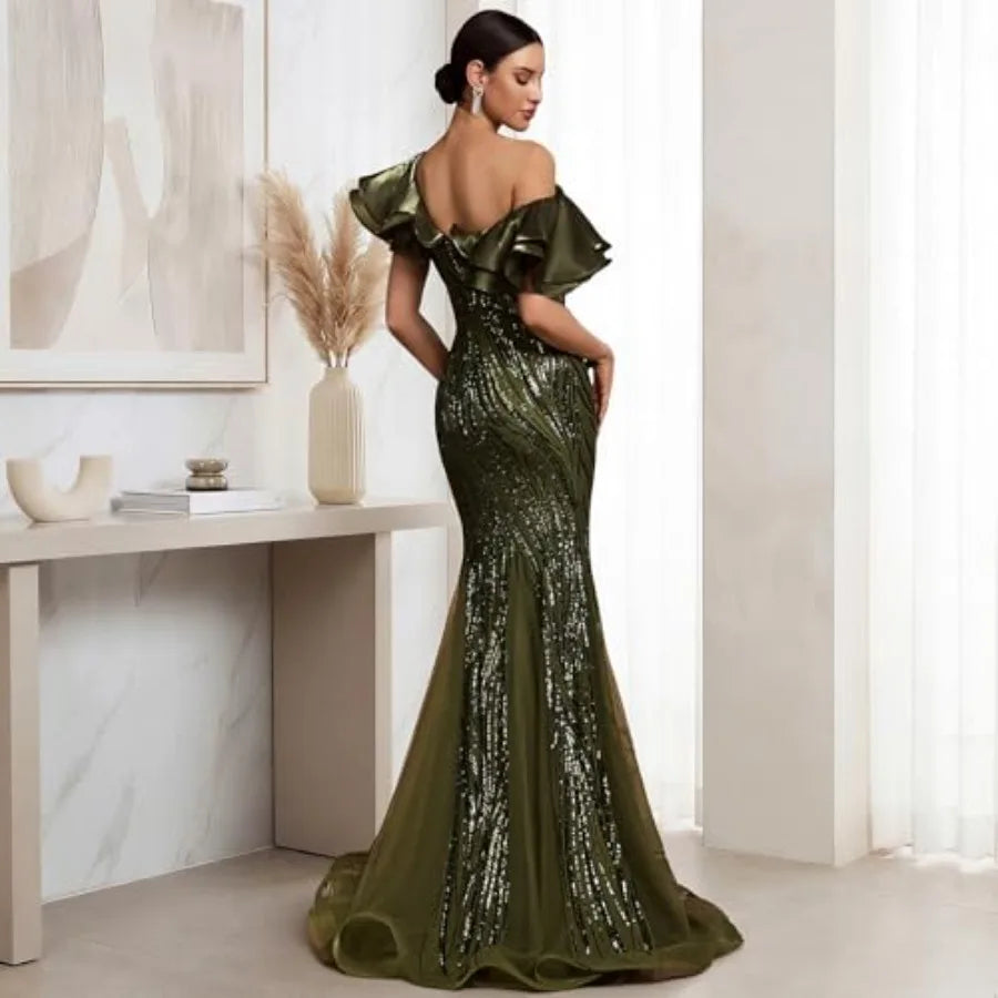 V-Neck Long Maxi Mermaid Evening ElegantGreen Sequin Formal Dress with Satin Collar Overlay