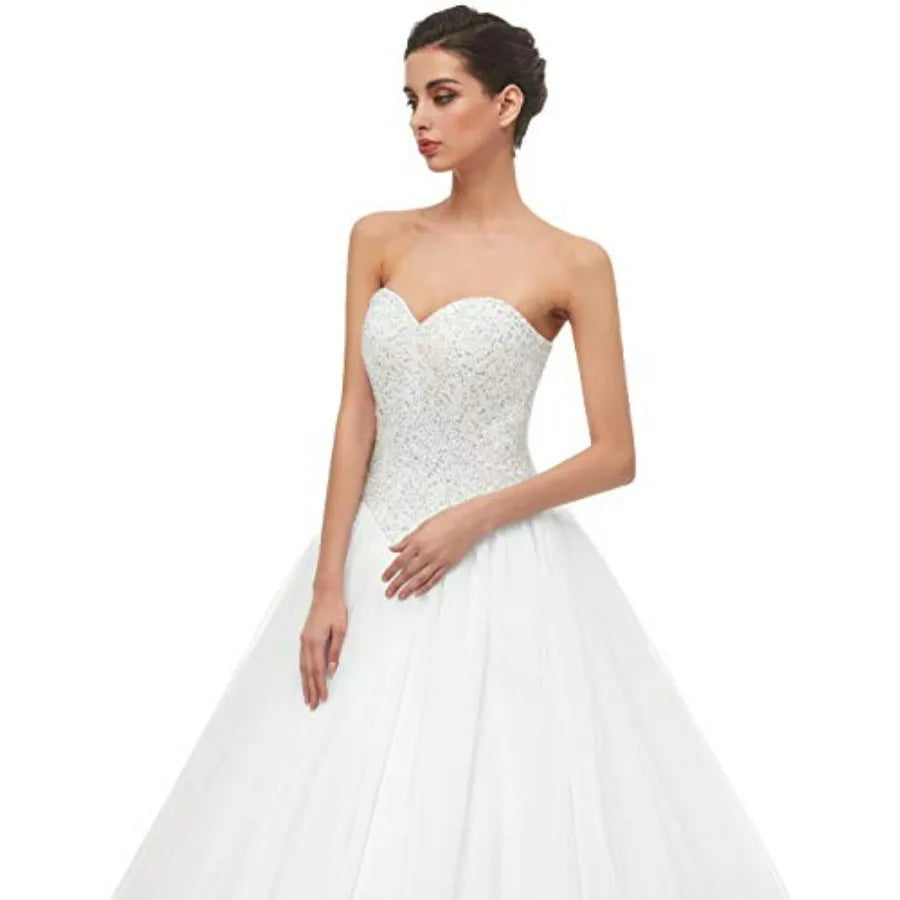 Likedpage Women's Sweetheart Neck Wedding Dress, Tulle A-Line Ball Gown with Train