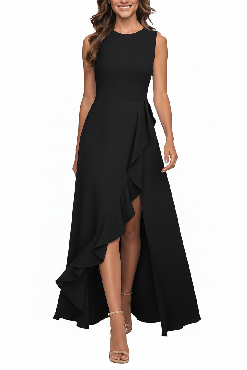 Classic Black Sleeveless Evening Gown with Cascading Ruffle Asymmetric Hem