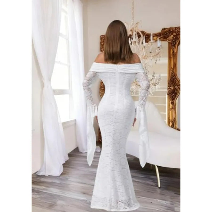 Off The Shoulder Floral Lace Maxi Wedding Dress Long Bell Sleeve  Off The Shoulder