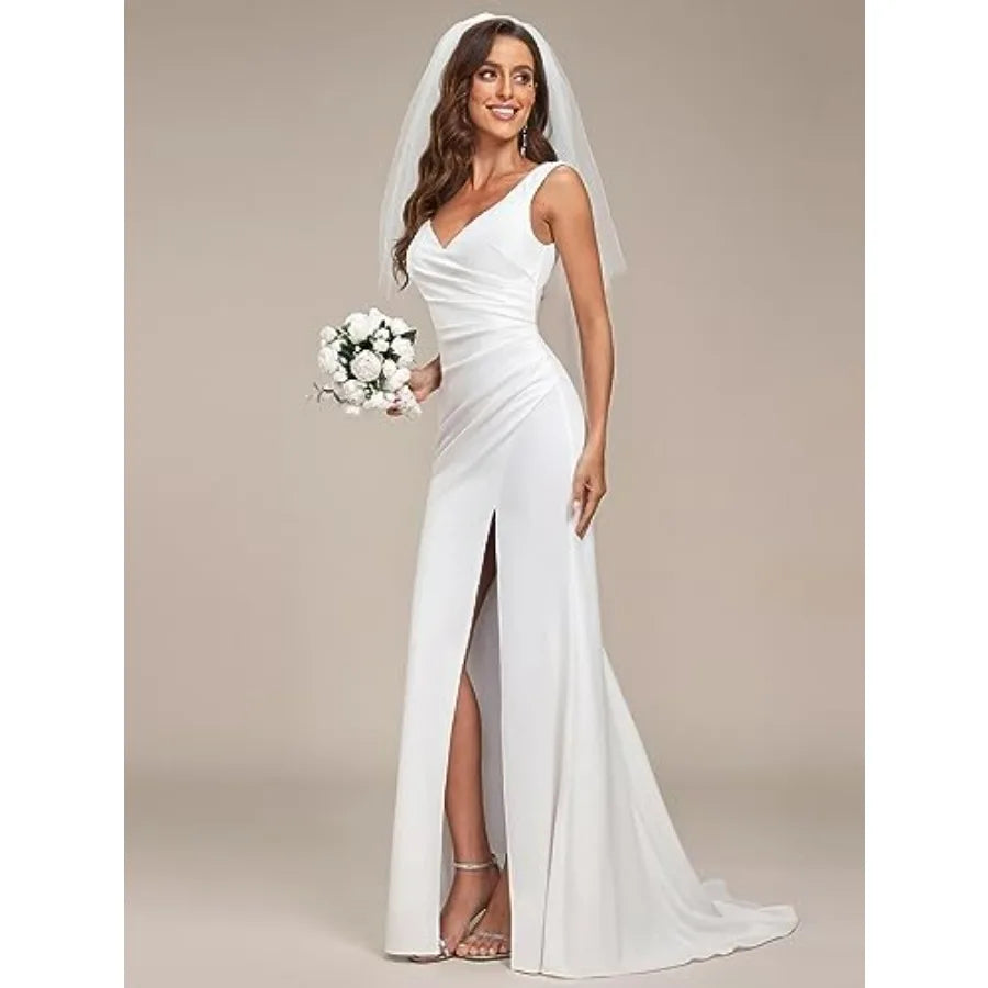V Neck Sleeveless Bridal Wedding Dress with Slit Floor Length Mermaid Gown for Bride 011B