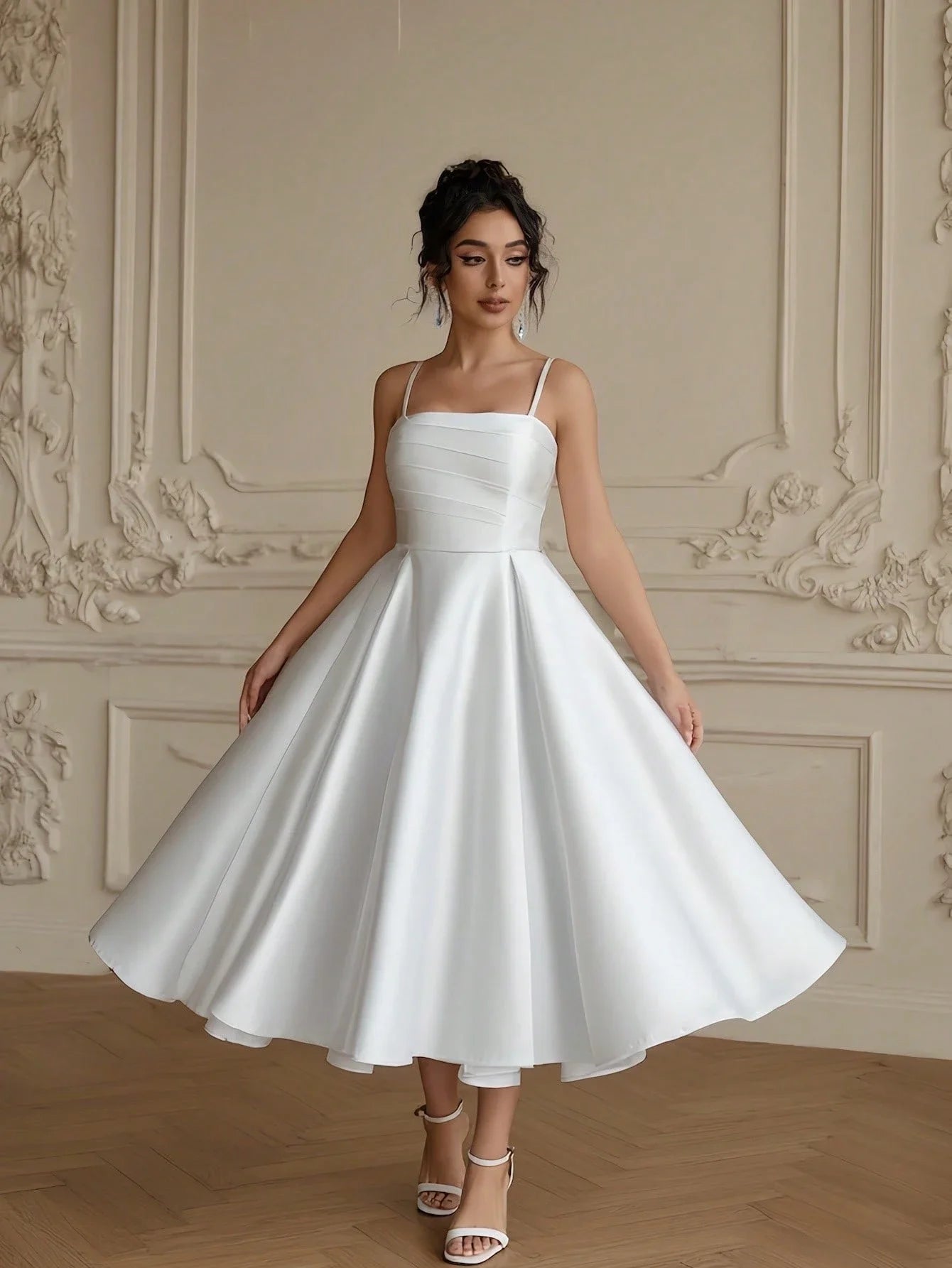 White Satin Elegant Midi Dress, Spaghetti Strap A-Line Gown for Wedding, Prom & Formal Events
