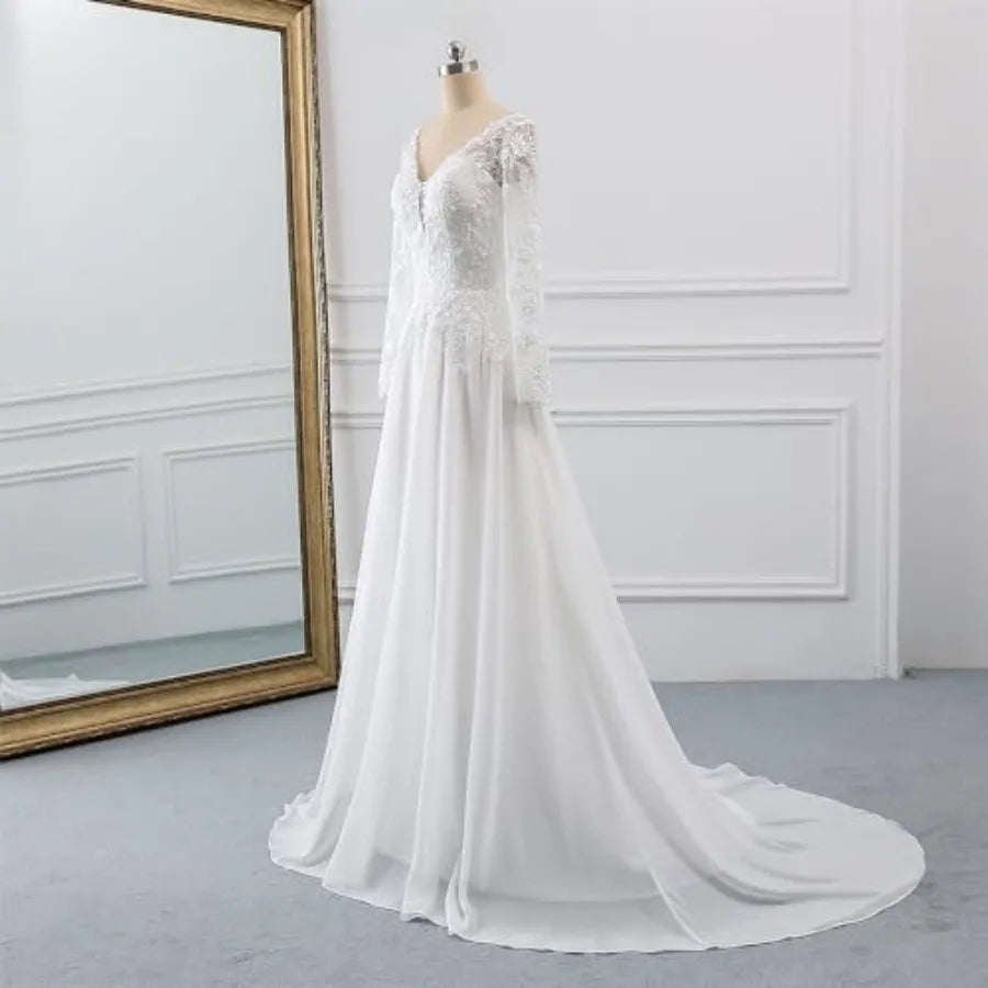 Wedding Dresses for Bride with Lace Appliques Chiffon A Line Women Dress Long Sleeves Beach Bride Dress