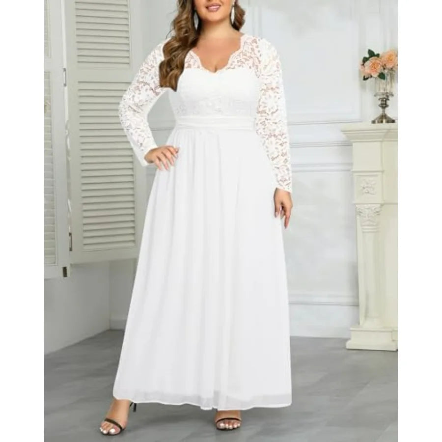 Talisea Plus Size Formal Wedding Dresses - Gowns Evening Prom Elegant V Neck Long Sleeve Lace Chiffon Long Maxi Dress