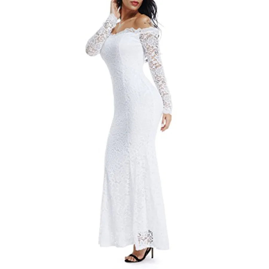 LALAGEN Women's Floral Lace Long Sleeve Off Shoulder Wedding Mermaid Dress