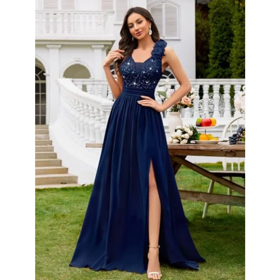 Navy Blue Sequin Evening Gown with Thigh Slit and Floral Shoulder Detail