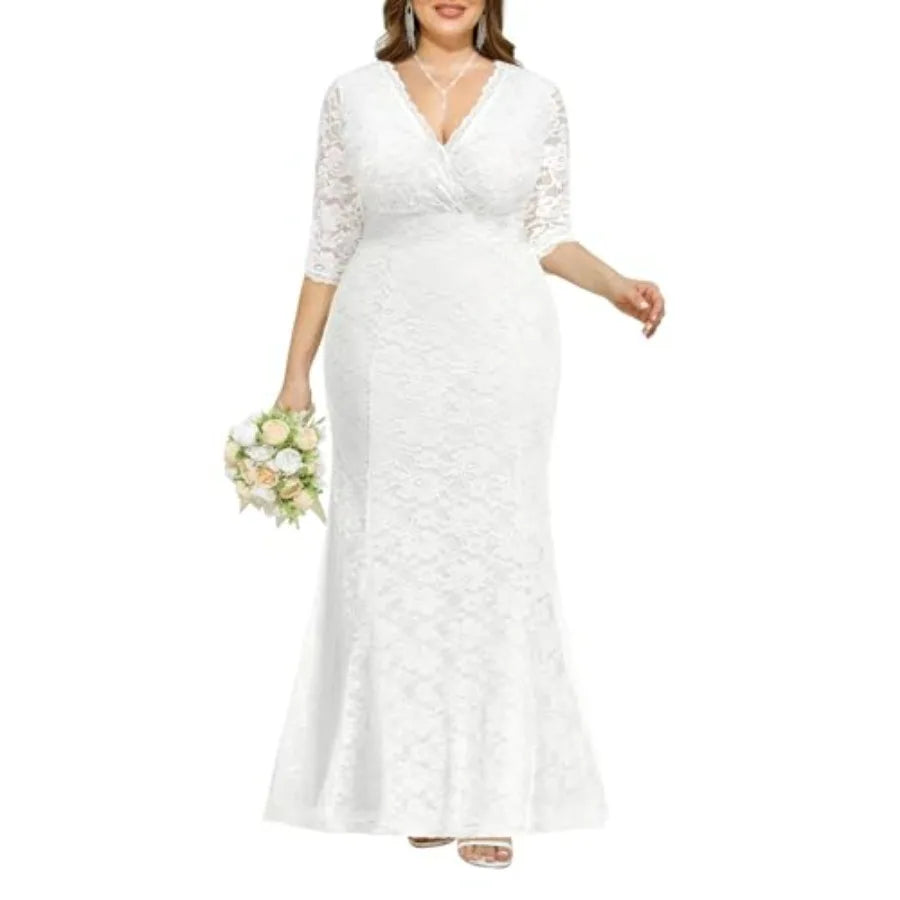 Wedding Dresses for Bride Plus Size - Mermaid Formal Evening Gown Wrap Neck Lace Dress