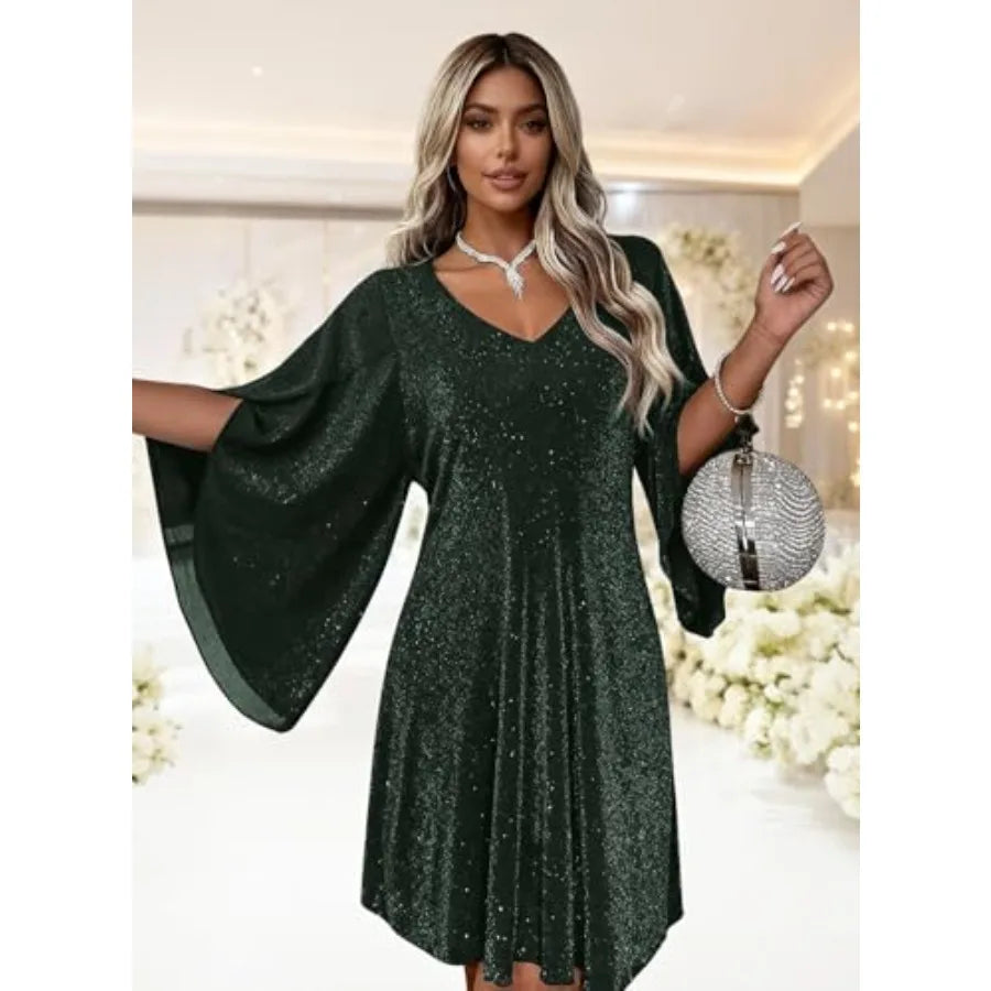 Black Metallic Glitter Cocktail Dress with Flowing Cape Sleeves