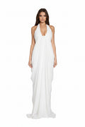 White Dress Halter Deep V Neck Cascade Drape Floor Length Gown Wedding Guest Beach Vacation
