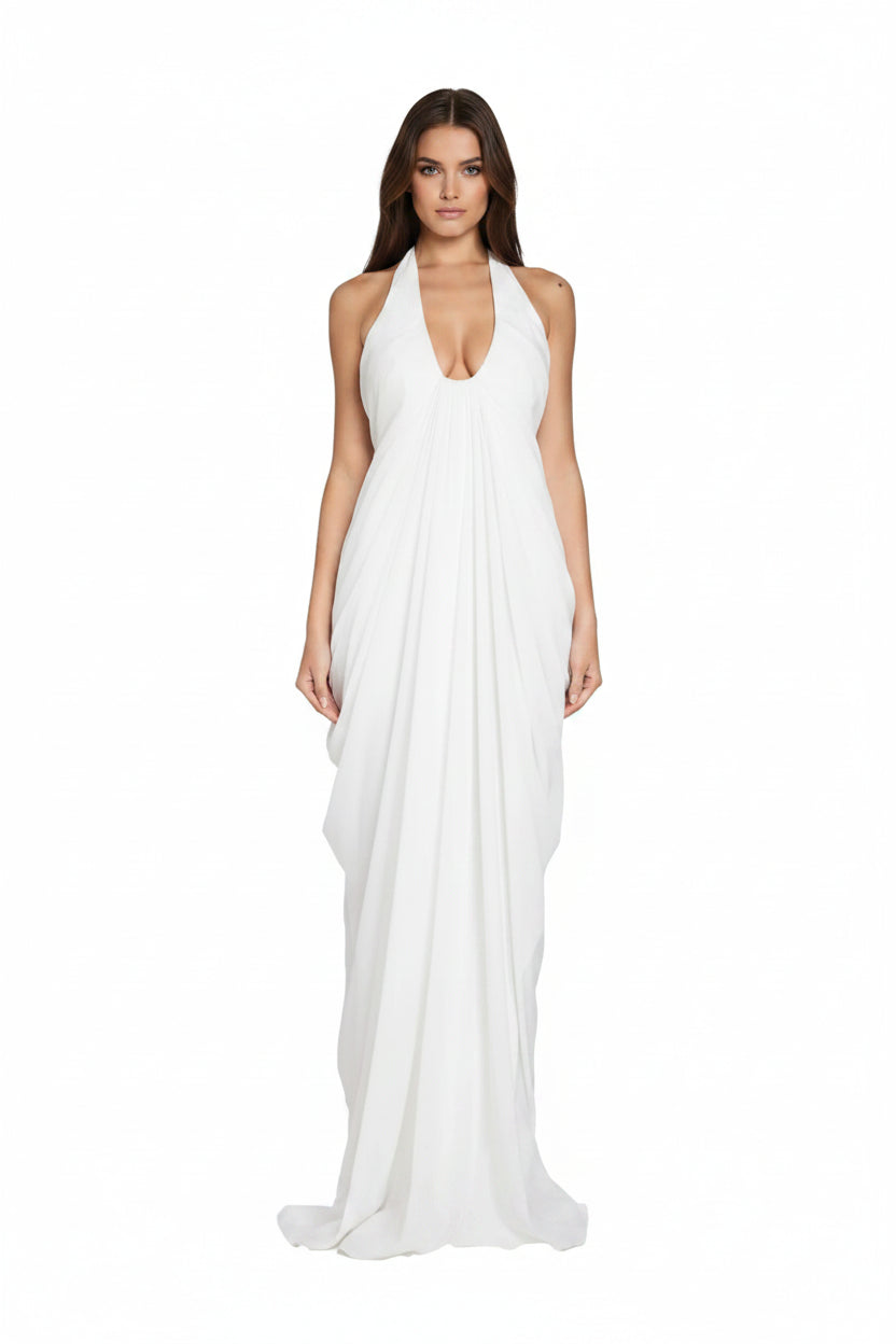 White Dress Halter Deep V Neck Cascade Drape Floor Length Gown Wedding Guest Beach Vacation